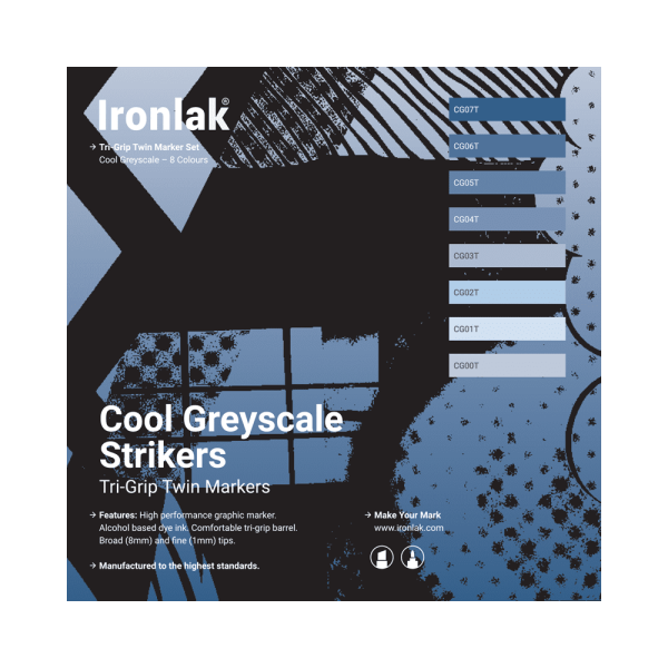 Ironlak Strikers Cool Greyscale Graphic Marker 8 Pack - Broad Nib